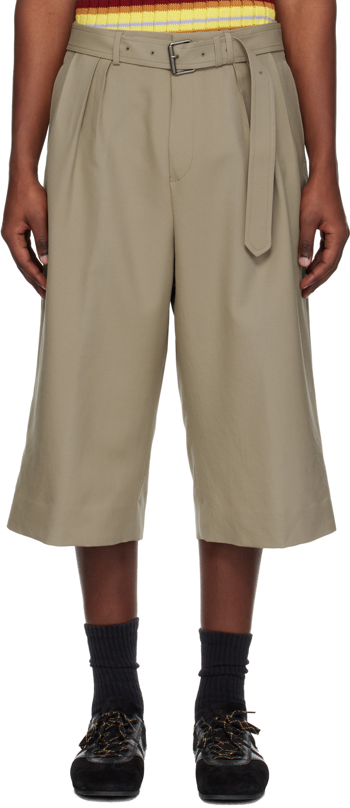 Dries Van Noten Beige Belted Wool Mohair Shorts