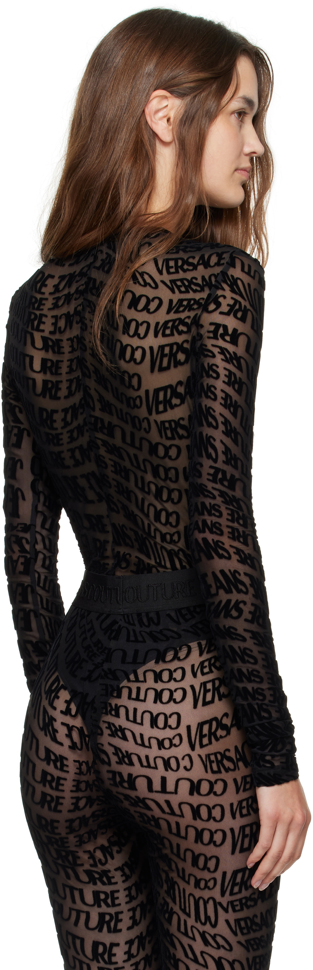 Versace Jeans Couture Black Tulle Flock Liquify Bodysuit