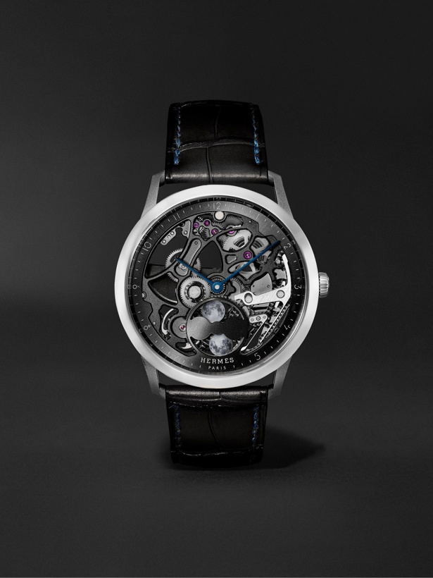 Photo: Hermès Timepieces - Slim d'Hermès Squelette Lune 39.5mm Automatic Titanium and Alligator Watch, Ref. No. 053606WW00