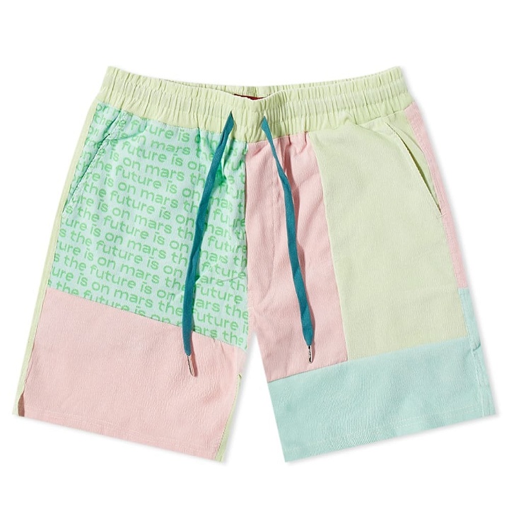 Photo: The Future Is On Mars Men's Green Ring Corduroy Patchwork Short in Green/Pink