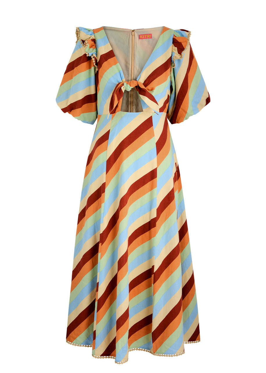 Kitri Pia Striped Linen-blend Midi Dress Multicoloured