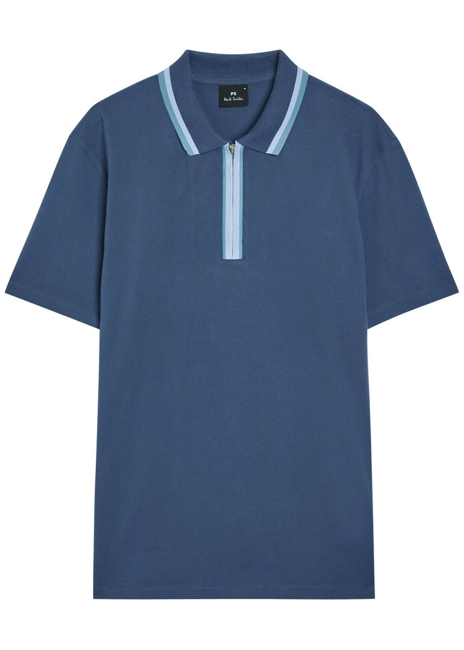 PS Paul Smith Stripe-trimmed Piqué Cotton-blend Polo Shirt Blue