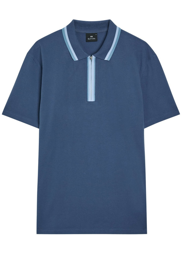 Photo: PS Paul Smith Stripe-trimmed Piqué Cotton-blend Polo Shirt Blue