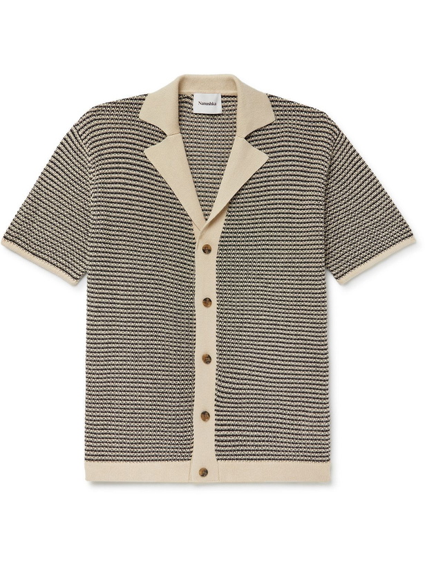 Photo: Nanushka - Knox Camp-Collar Striped Knitted Linen and Cotton-Blend Shirt - Neutrals