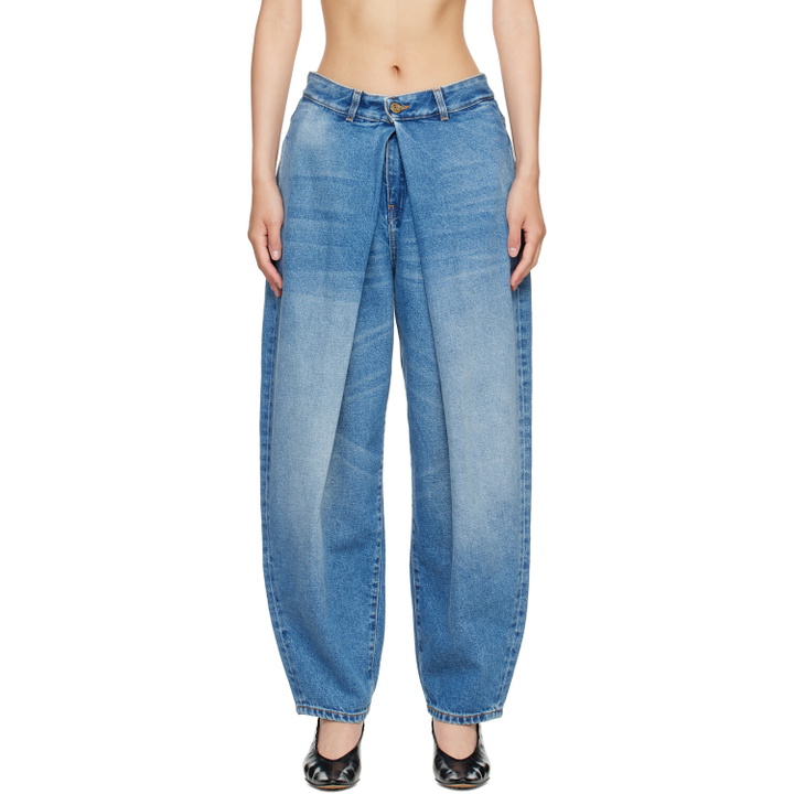Photo: BALMAIN Blue Barrel-Leg Denim Jeans