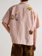 Story Mfg. - Greetings Camp-Collar Printed Embroidered Cotton and Linen-Blend Shirt - Pink