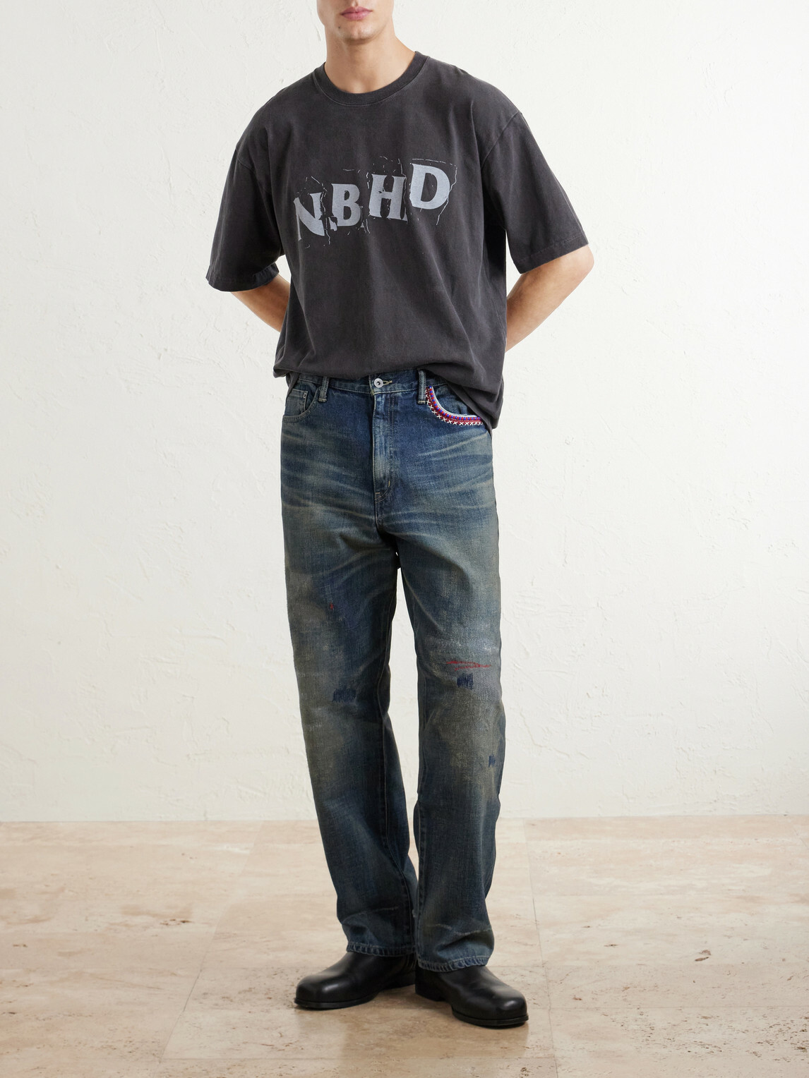 Neighborhood - Savage Straight-Leg Bead-Embellished Distressed Jeans - Blue