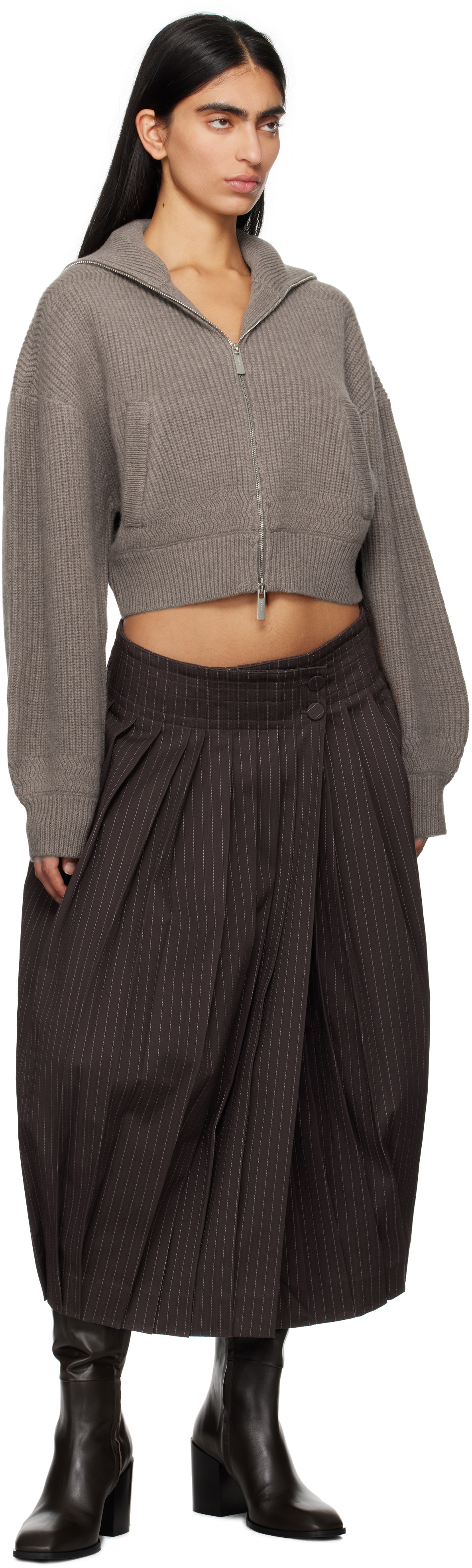 REMAIN Birger Christensen Taupe Knitted Cropper Bomber Sweater