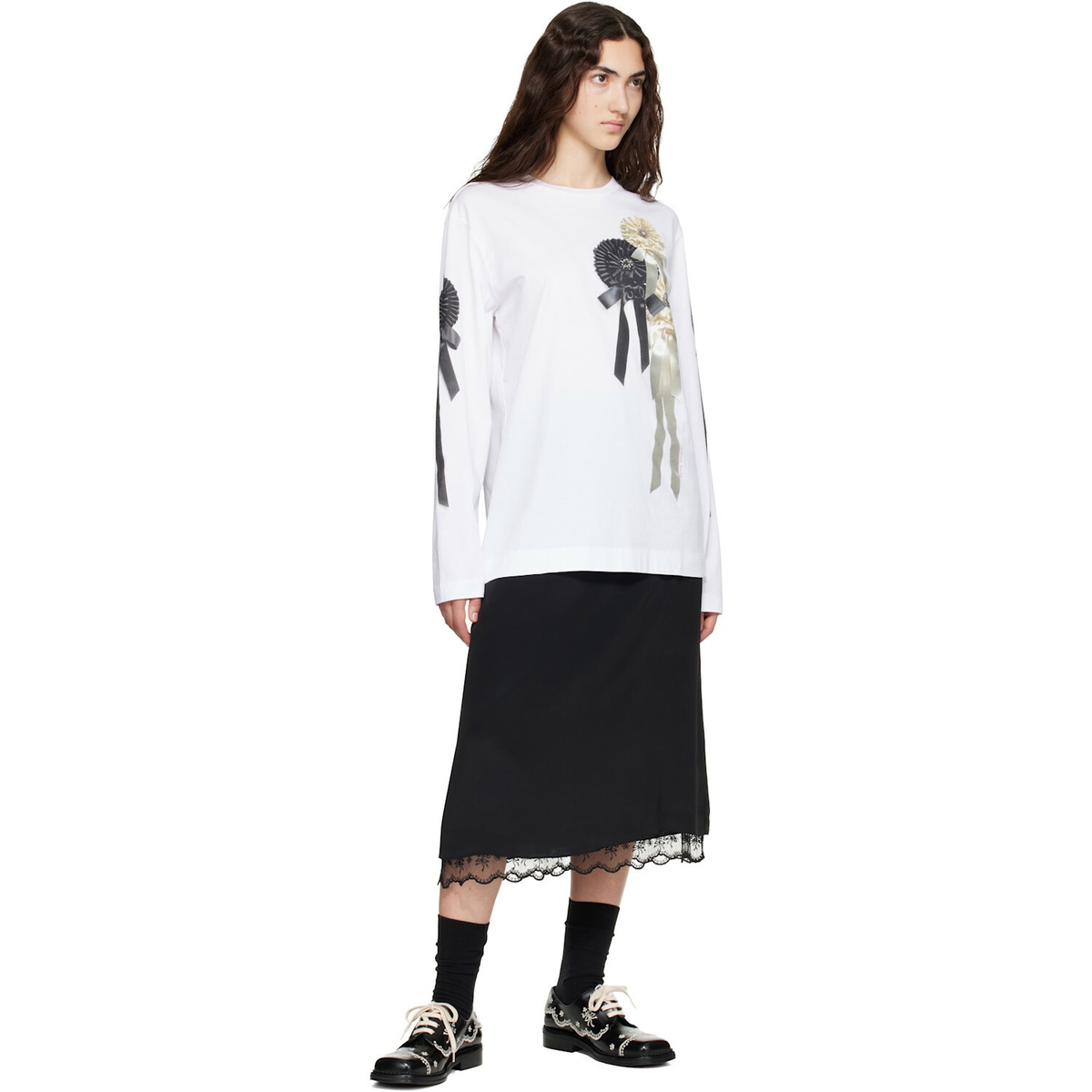 Simone Rocha White Ribbon Rosette Print Long Sleeve T-shirt