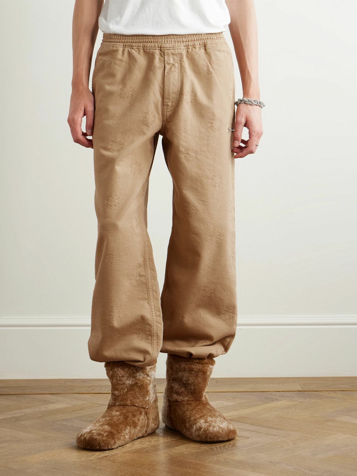 Givenchy - Tapered Appliquéd Logo-Jacquard Cotton-Blend Twill Trousers - Neutrals