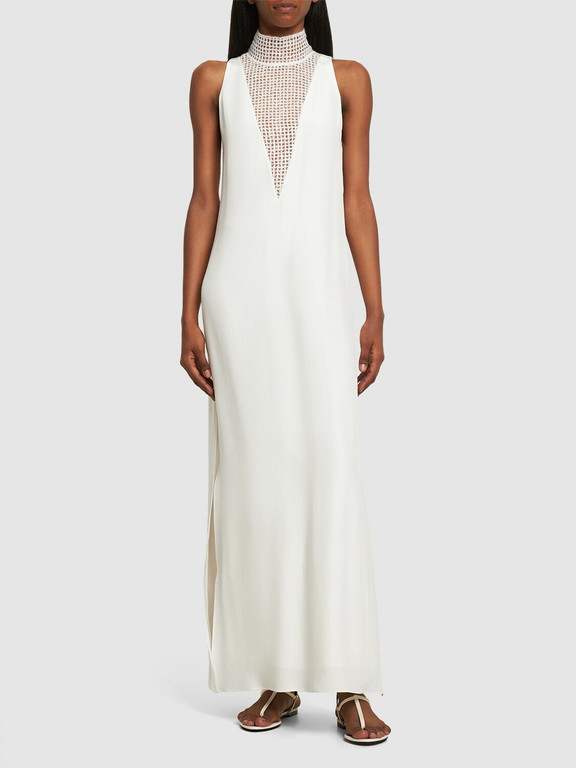 BRUNELLO CUCINELLI - Sequin Net Turtleneck Silk Long Dress