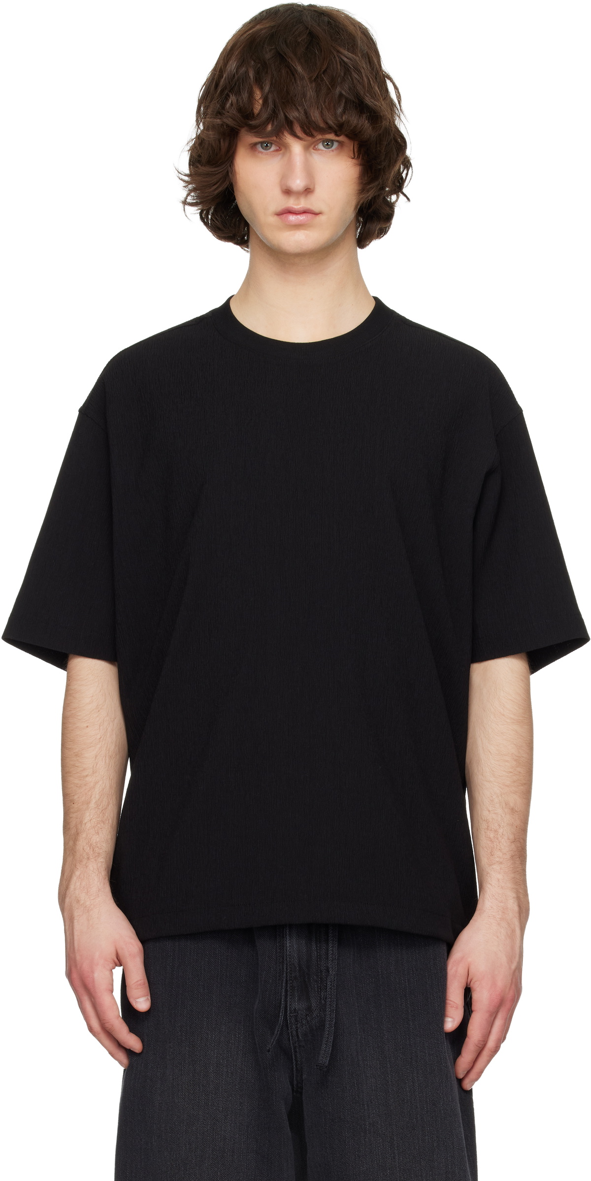 Solid Homme Black Crinkle Round Neck Short Sleeve T-shirt
