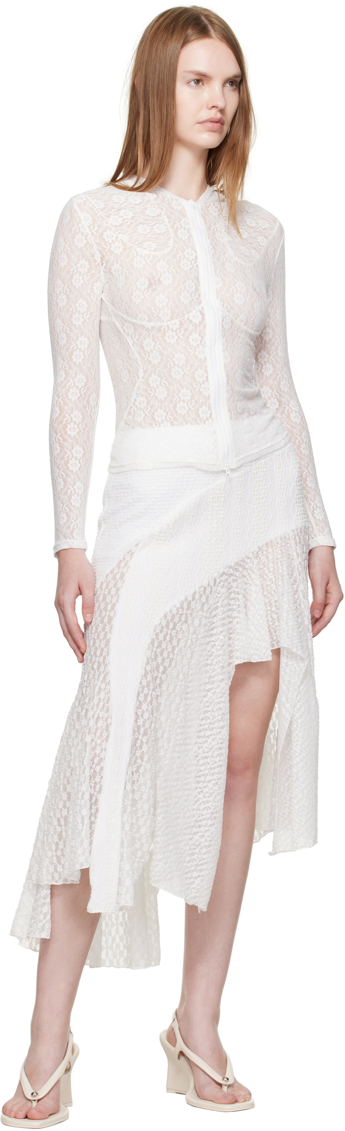 Pushbutton White Lace Trim Mermaid Midi Skirt