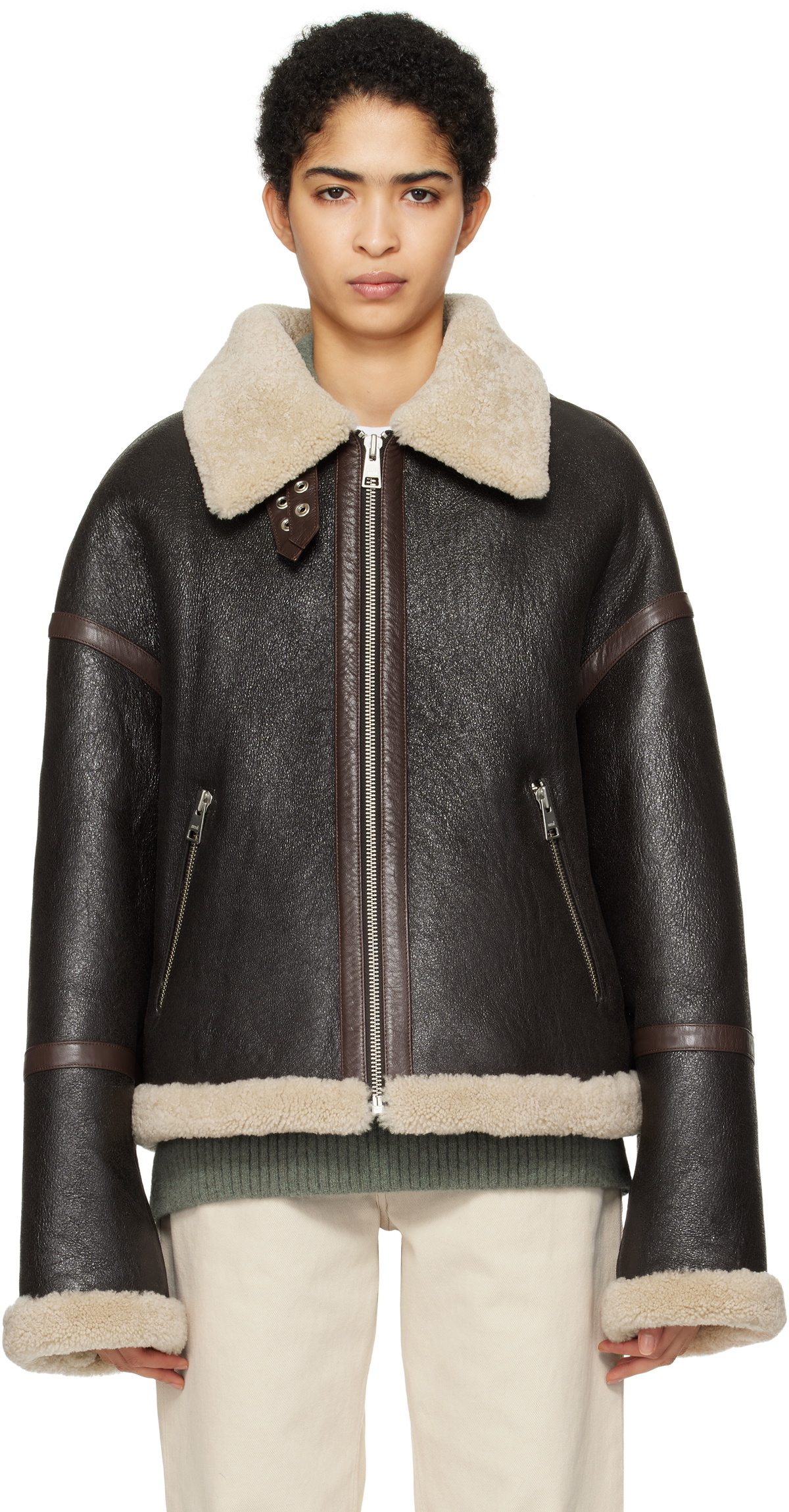 ジャケット AMI PARIS BROWN WOOL JACKET AMI PARIS - Shearling-Trimmed Wool Jacket - Brown AMI