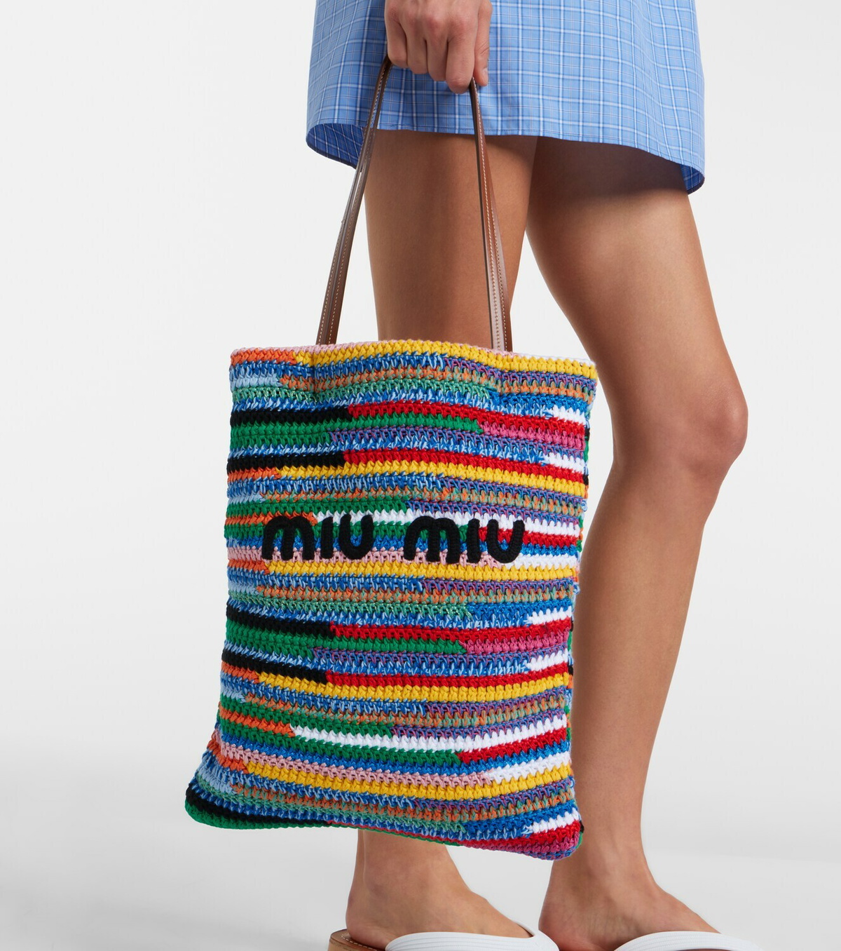Miu Miu Leather-trimmed crochet cotton tote bag