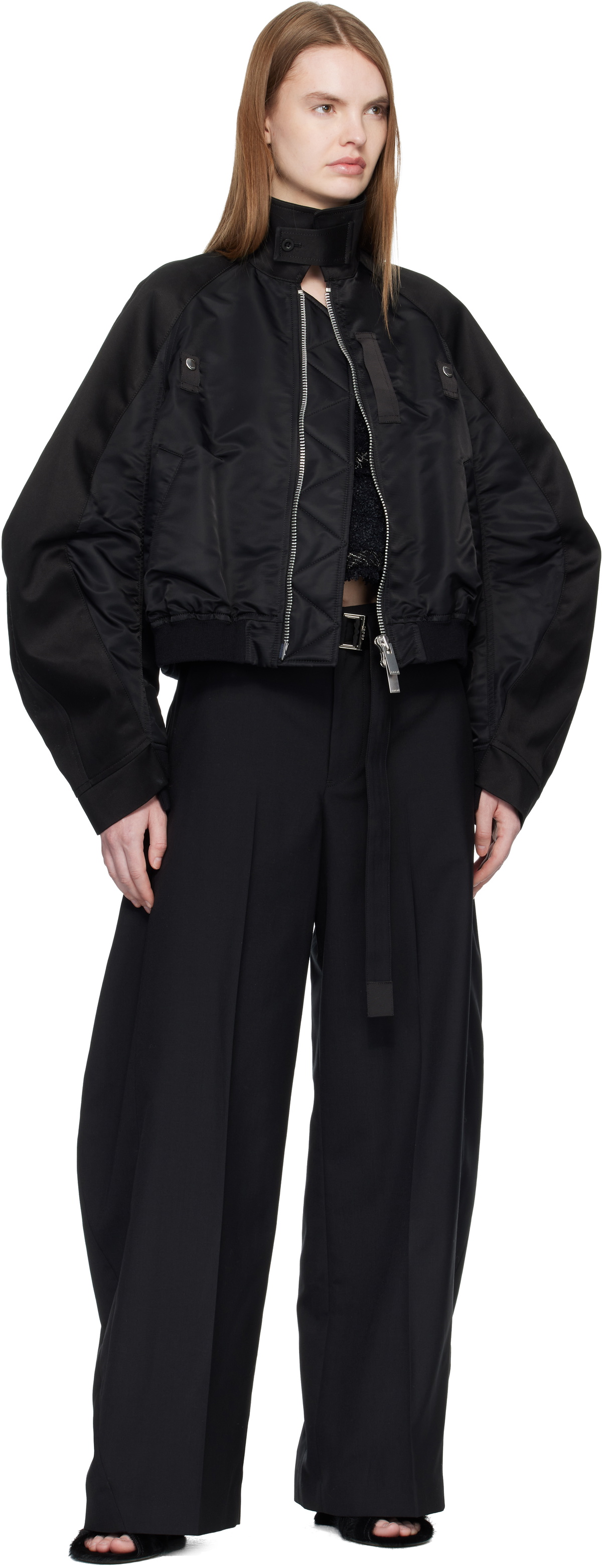 sacai Black Cotton Chino & Nylon Twill Bomber Jacket