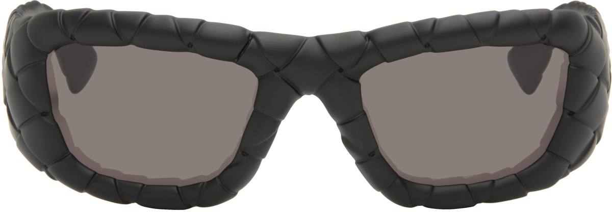 Bottega Veneta Black Intrecciato Rectangular Sunglasses
