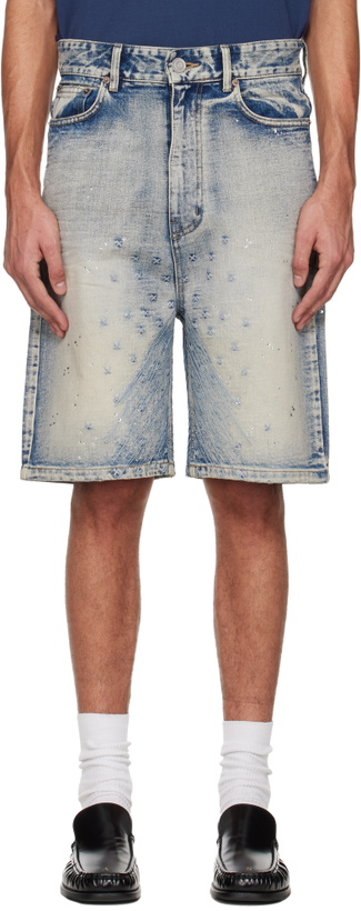 Photo: We11done Blue Embroidery Washed Denim Shorts