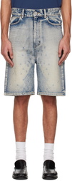 We11done Blue Embroidery Washed Denim Shorts
