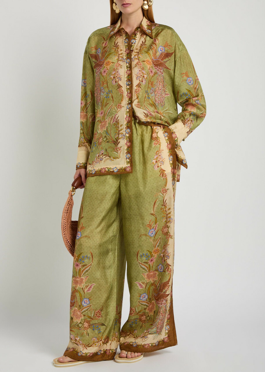 Zimmermann Indra Printed Silk Shirt Khaki