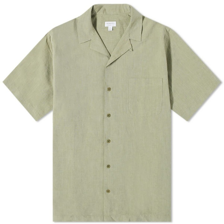 Photo: Sunspel Men's Cotton Linen Short Sleeve Shirt in Hunter Green Melange