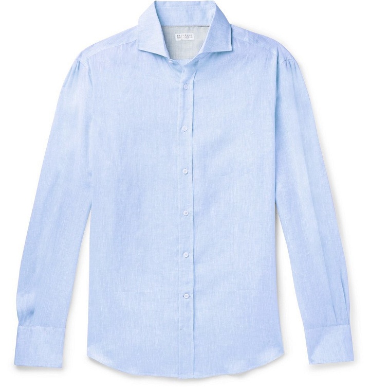 Photo: Brunello Cucinelli - Slim-Fit Cutaway-Collar Mélange Linen Shirt - Light blue