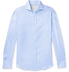 Brunello Cucinelli - Slim-Fit Cutaway-Collar Mélange Linen Shirt - Light blue