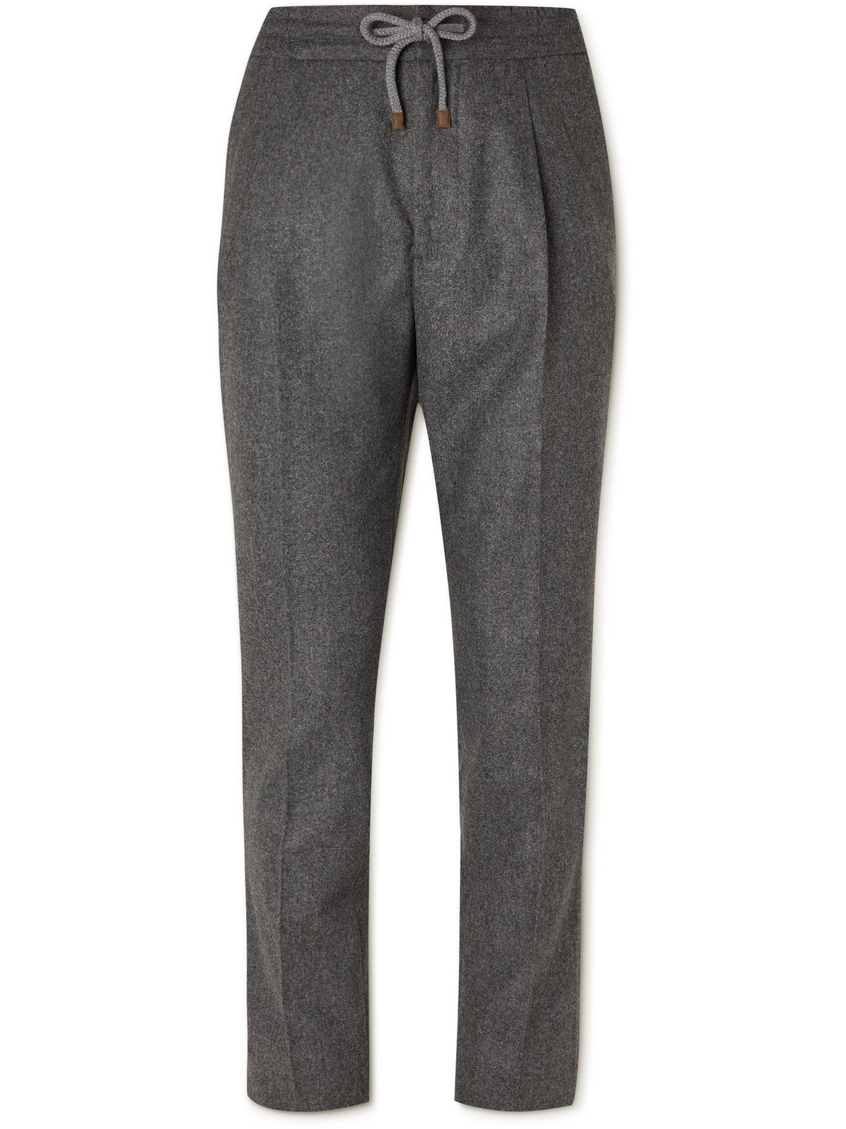 BRUNELLO CUCINELLI - Brushed Virgin Wool-Twill Drawstring Trousers - Gray  Brunello Cucinelli