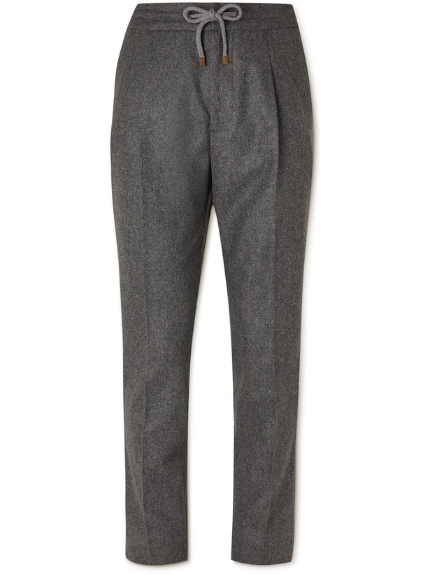 Photo: BRUNELLO CUCINELLI - Brushed Virgin Wool-Twill Drawstring Trousers - Gray