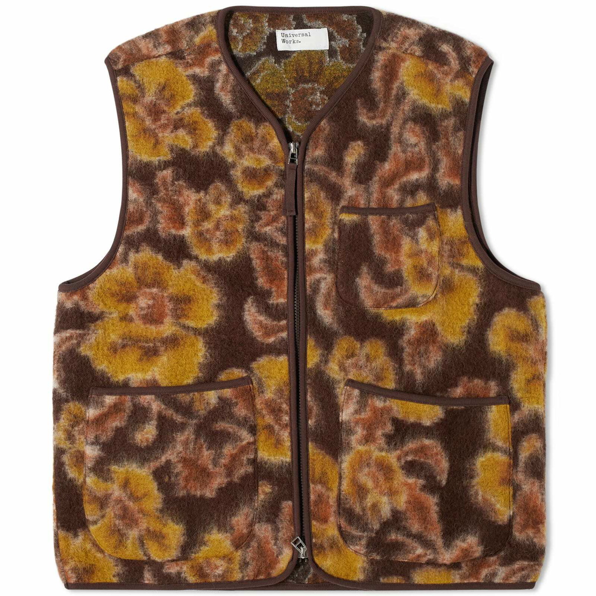 Universal Works Men's Flower Wool Fleece Gilet in Brown Universal Works