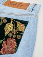 Séfr - Flared Embroidered Velour-Trimmed Jeans - Blue