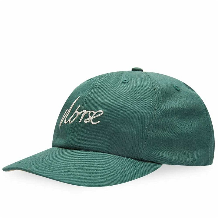 Photo: Norse Projects Men's Chainstitch Logo Twill Cap in Dartmouth Green