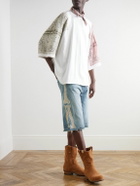 KAPITAL - Straight-Leg Appliquéd Distressed Denim Shorts - Blue