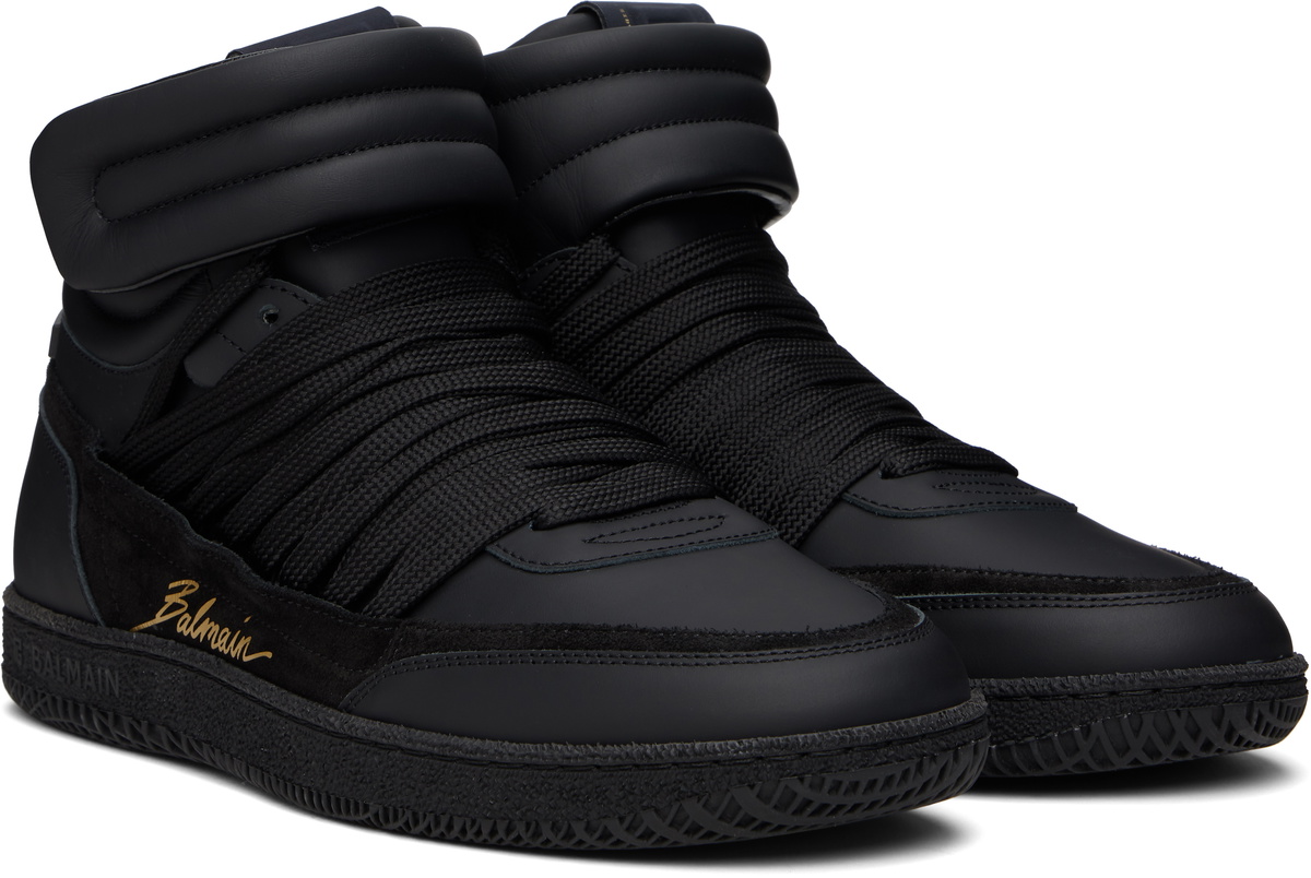 Balmain Black Leather 'Balmain Swan' Mid-Top Lace-Up Sneakers Balmain