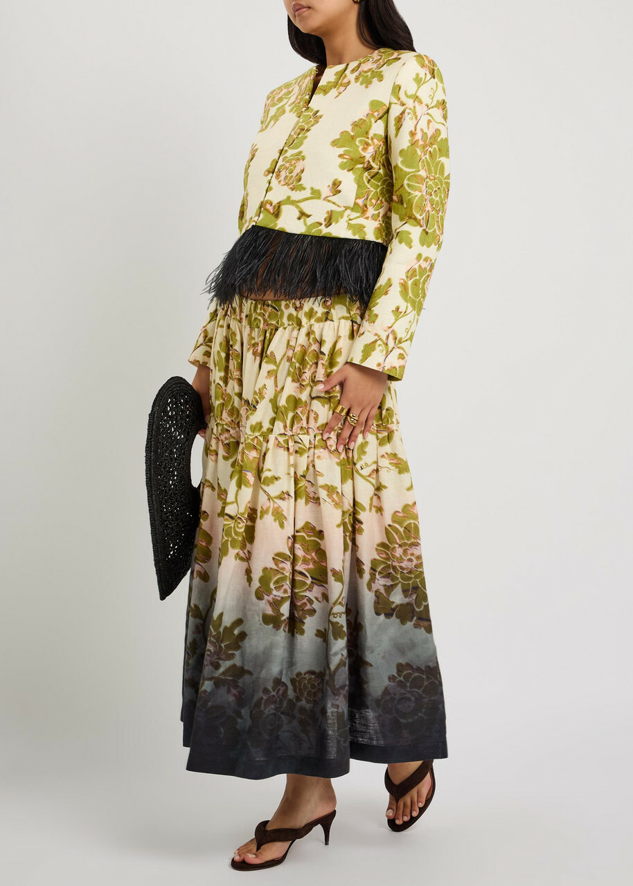 LA Double J Gala Floral-print Linen Midi Skirt Black