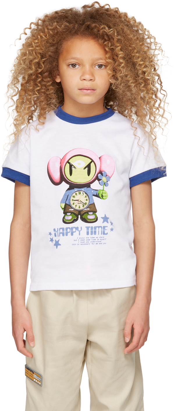 Happy99 SSENSE Exclusive Kids White & Blue 'Happy Time' Ringer T-Shirt
