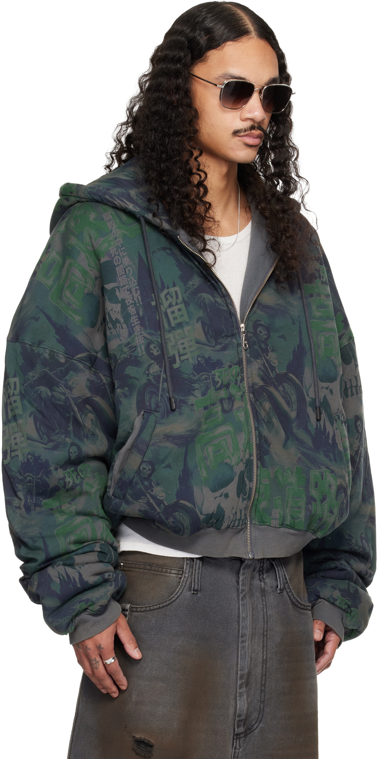 LU'U DAN Navy & Green Wadded Hoodie
