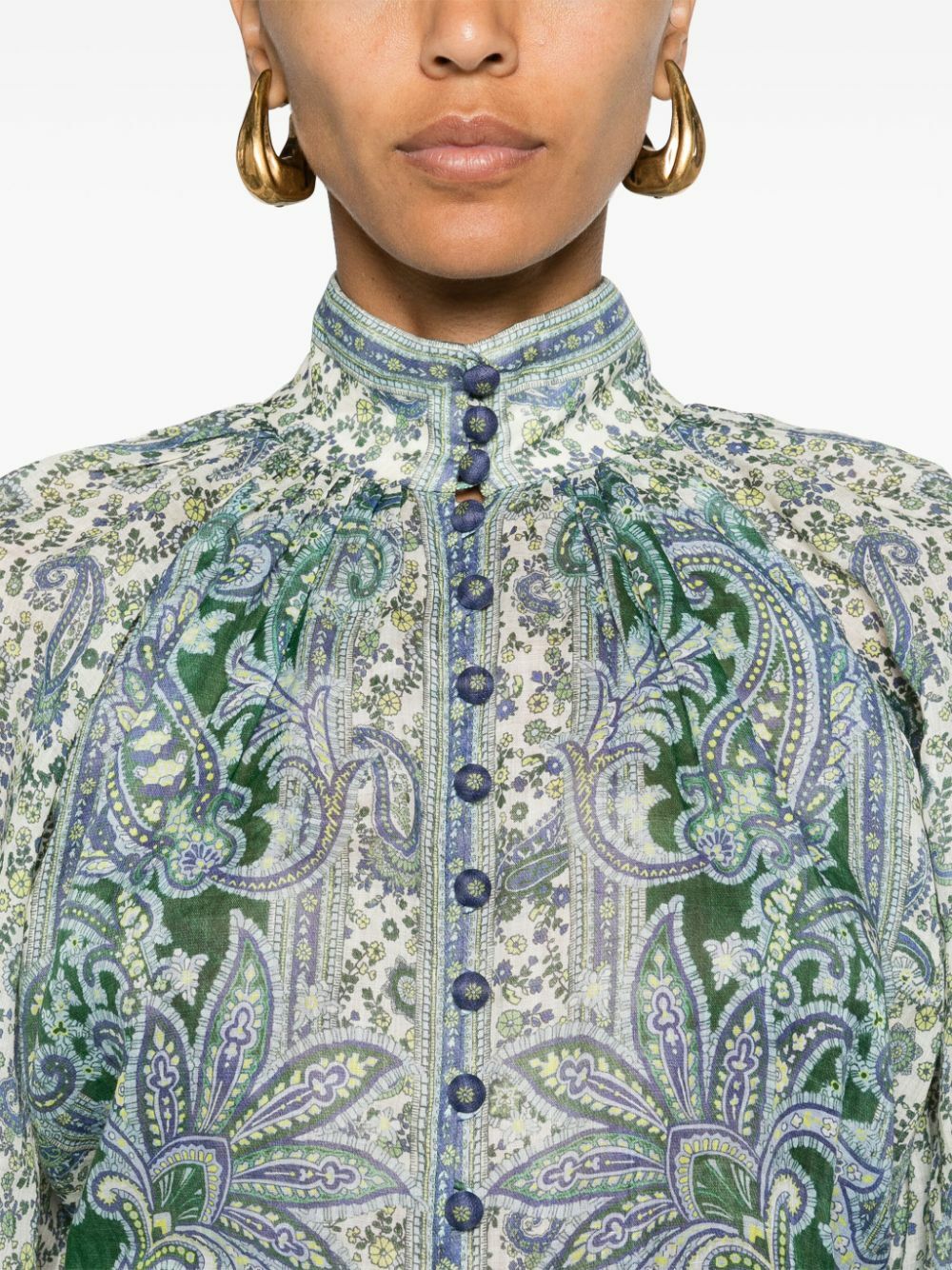 【ZIMMERMANN】ラッフル付き ペイズリープリント ZIMMERMANN Green And White Paisley Print High Neck Shirt