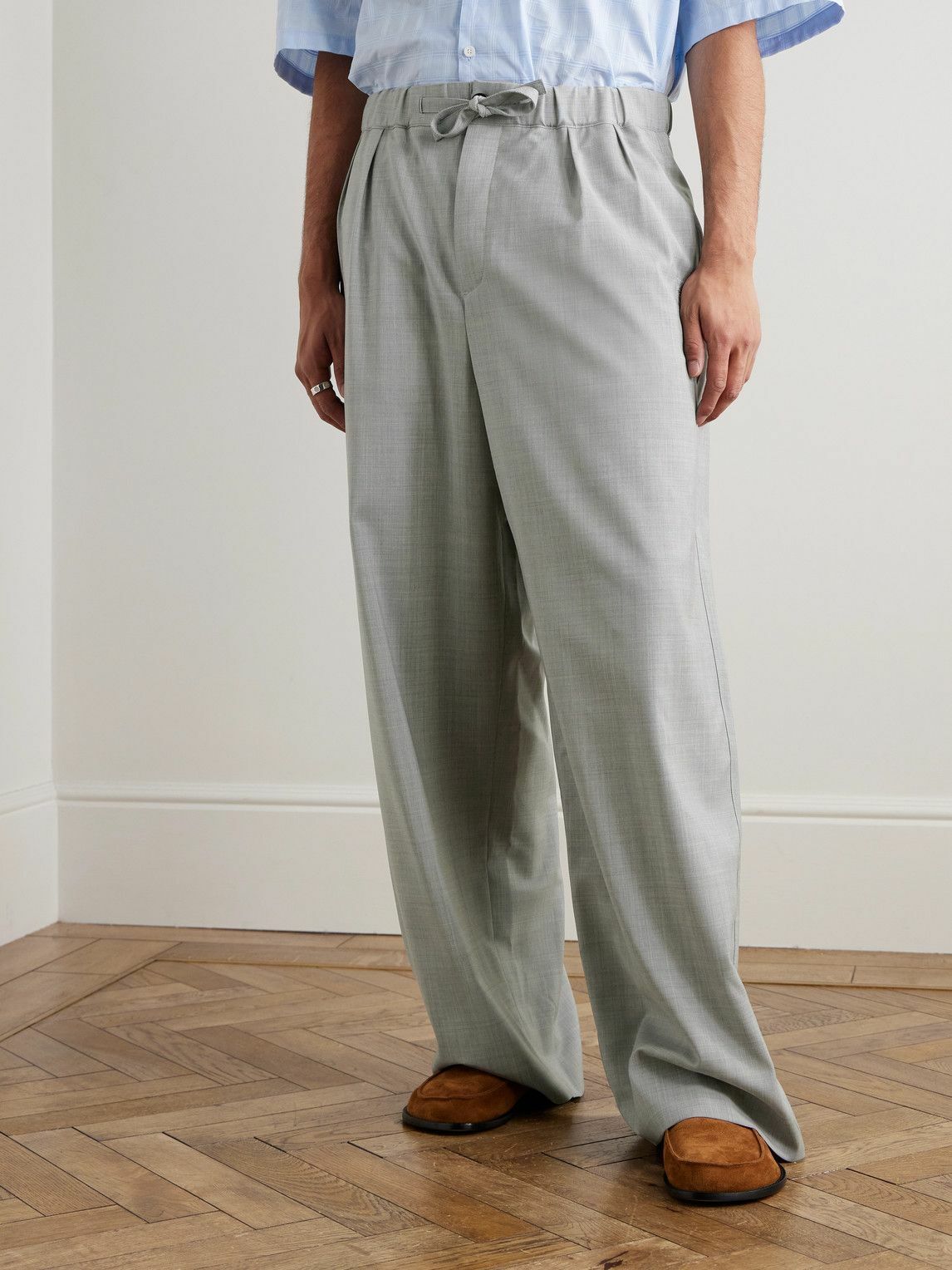 LOEWE - Wide-Leg Logo-Embroidered Pleated Wool Drawstring Trousers