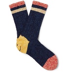 KAPITAL - Smiley Striped Mélange Cotton and Hemp-Blend Socks - Navy