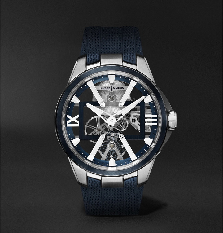 Photo: Ulysse Nardin - Skeleton X Hand-Wound 42mm Titanium and Rubber Watch - Blue