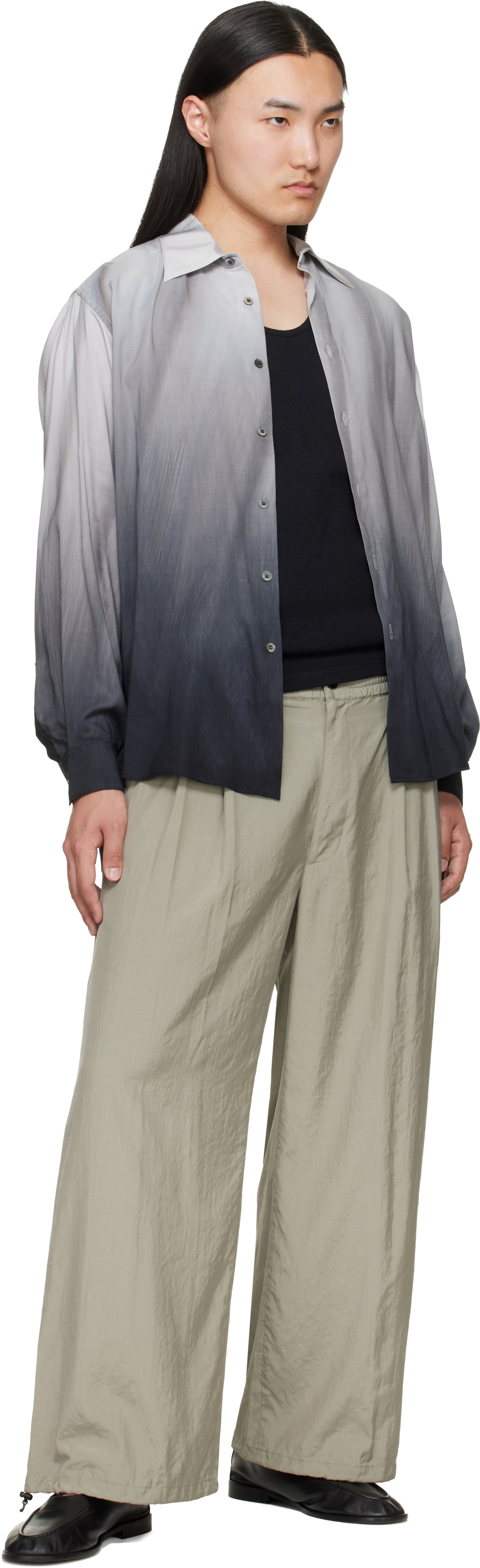 YOKE Gray Cotton Silk Lawn Hand Painted Loose Fit Shirt