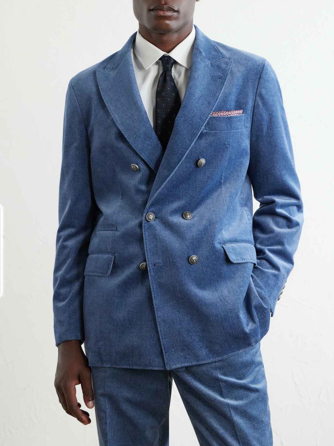 Brunello Cucinelli - Double-Breasted Cotton-Velvet Suit Jacket - Blue
