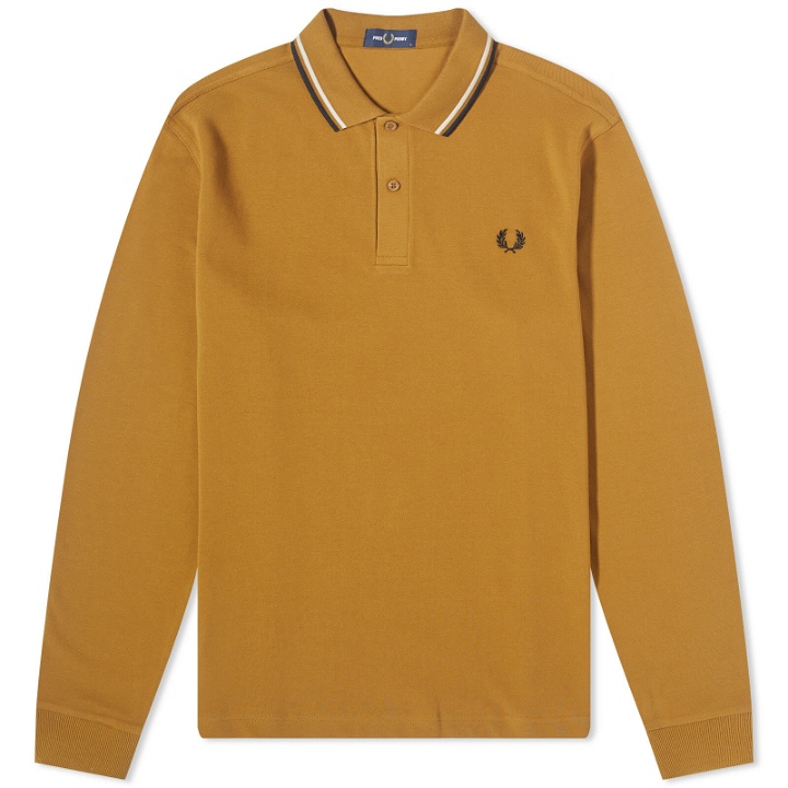 Photo: Fred Perry Men's Long Sleeve Twin Tipped Polo Shirt in Dark Caramel/Oatmeal/Black