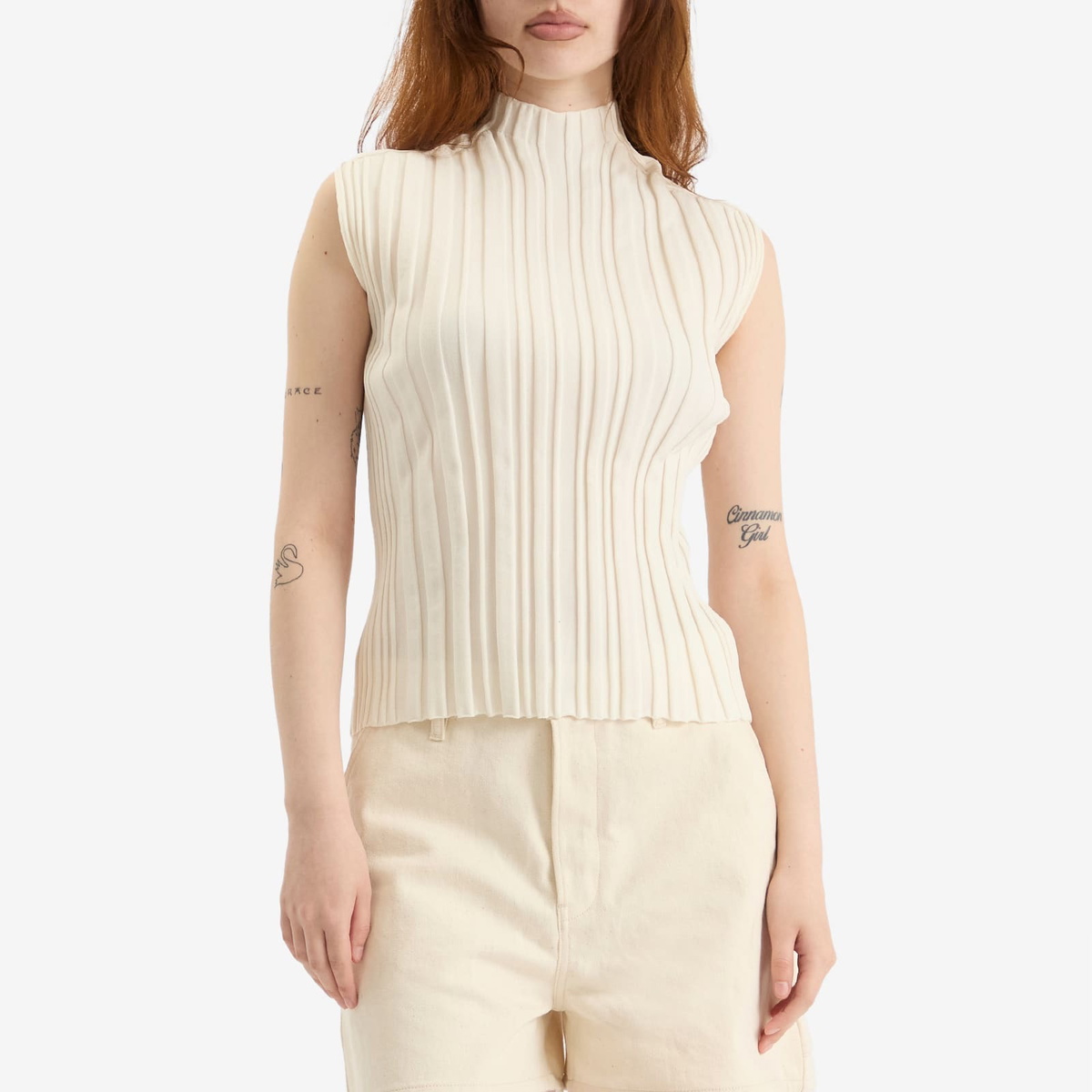 Pleats Please Issey Miyake Women's Rib Knit Short Sleeve Top in Off White 