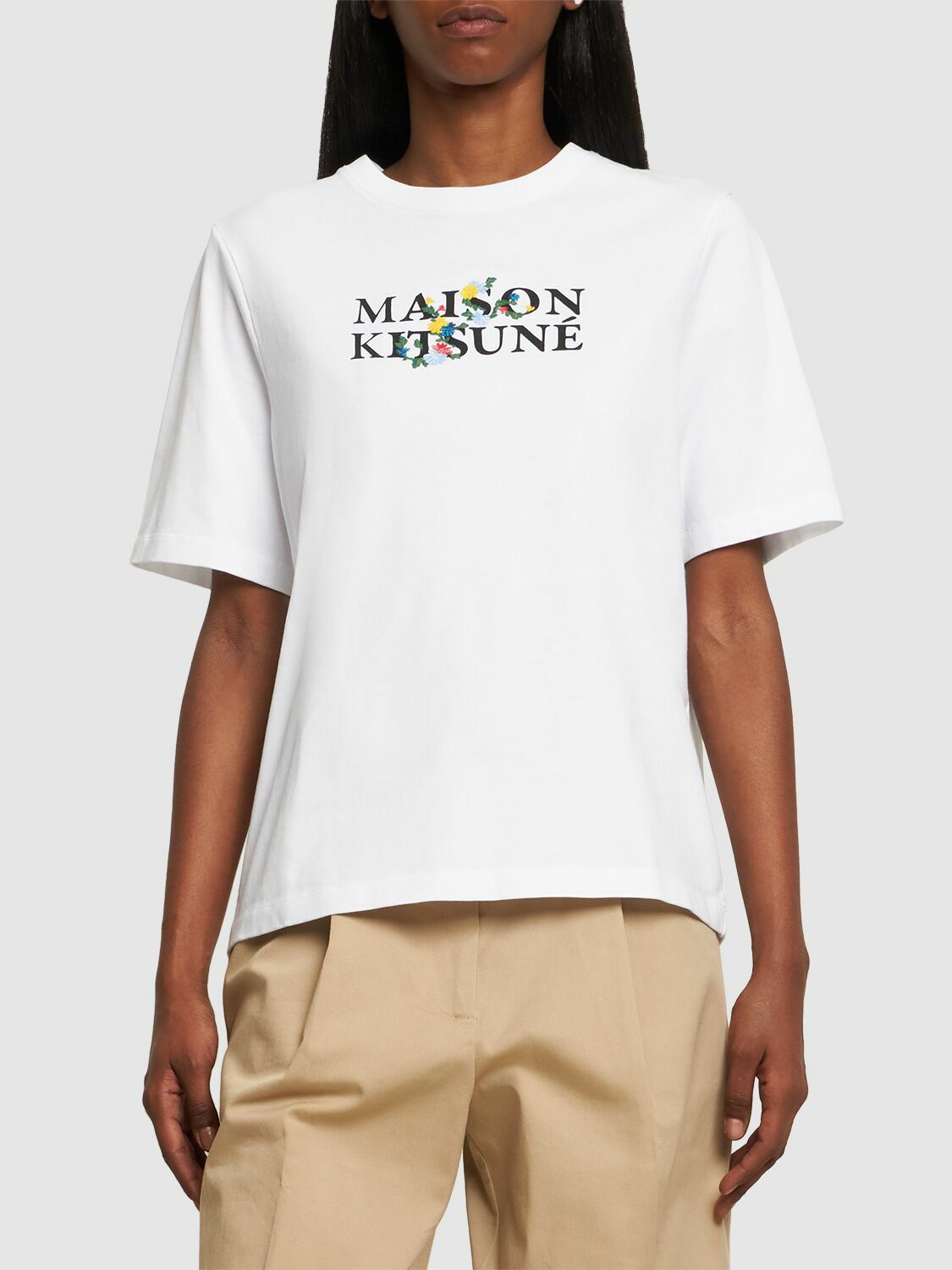 【関税・送料込み】MAISON KITSUNE FLOWER LOGO LETTERING MAISON KITSUNÉ - Flower Logo Printed Cotton T-shirt Maison
