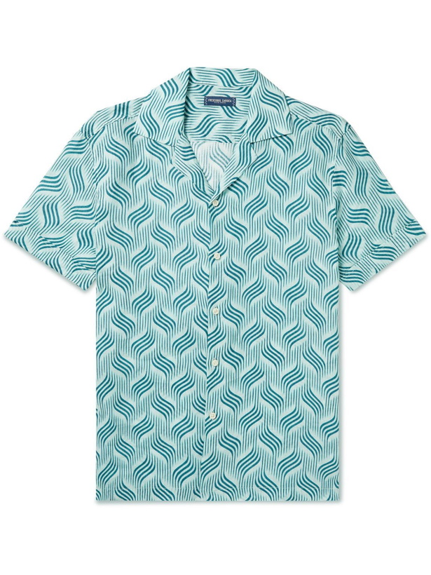Photo: Frescobol Carioca - Roberto Camp-Collar Printed Linen Shirt - Blue