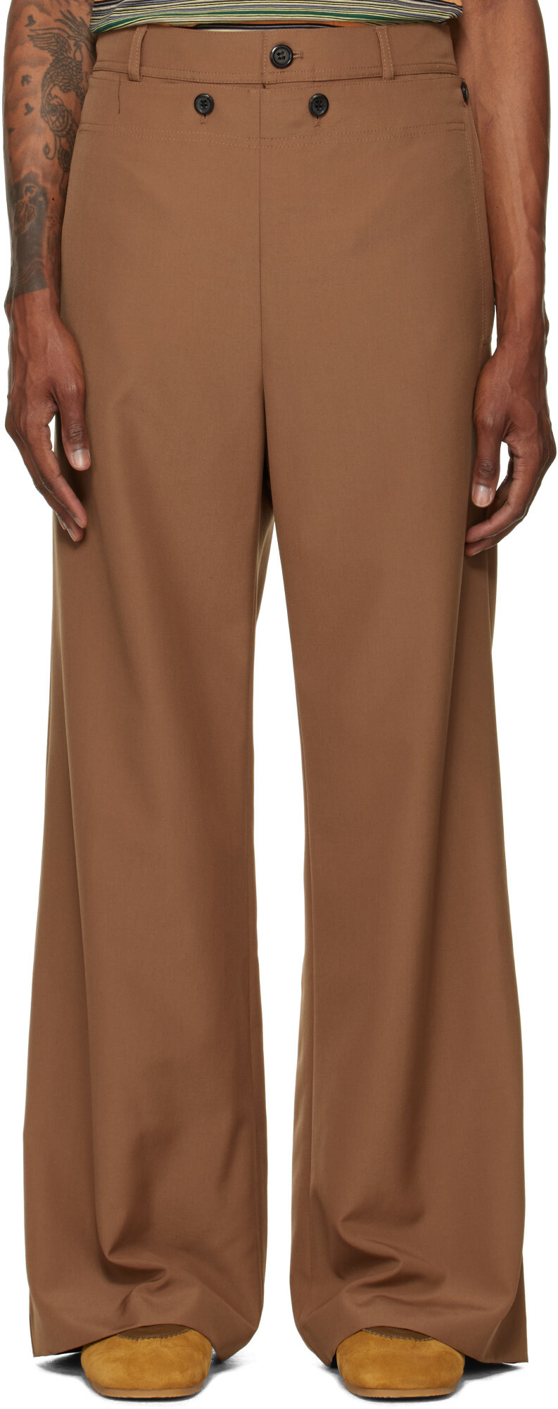 Marni Brown Technical Wool Buttoned Flap Trousers
