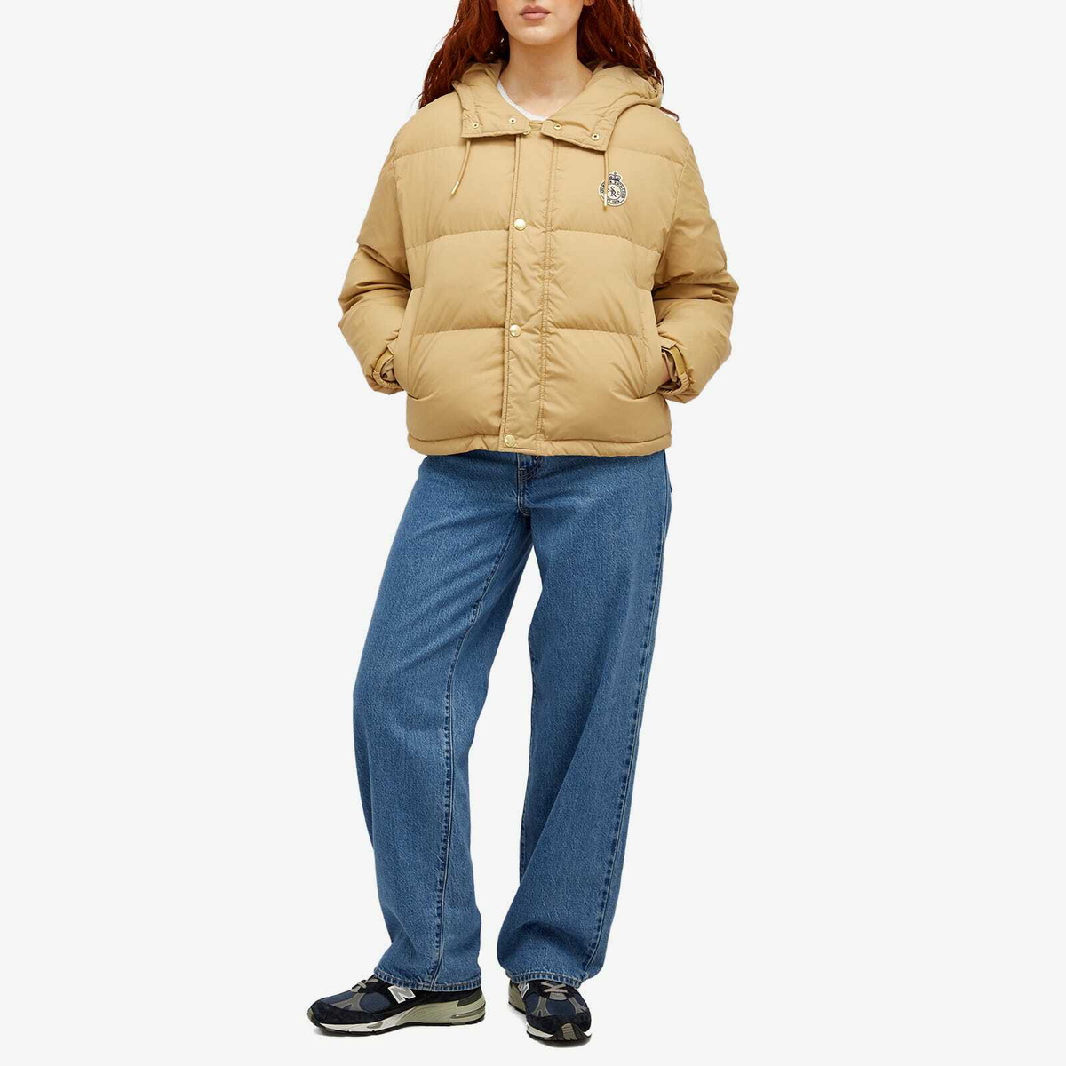 Sporty & Rich Women's Crown Logo Hooded Puffer Jacket in Beige