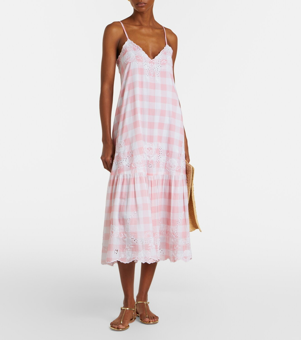 Juliet Dunn Embroidered checked cotton midi dress